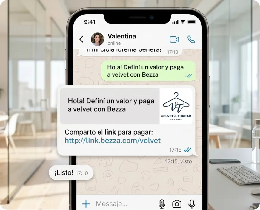 Conversación de WhatsApp mostrando un link de pago de Bezza Pay para abonar una compra