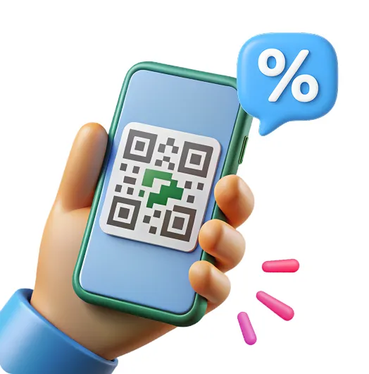 Mano sosteniendo un celular con un código QR y un símbolo de porcentaje